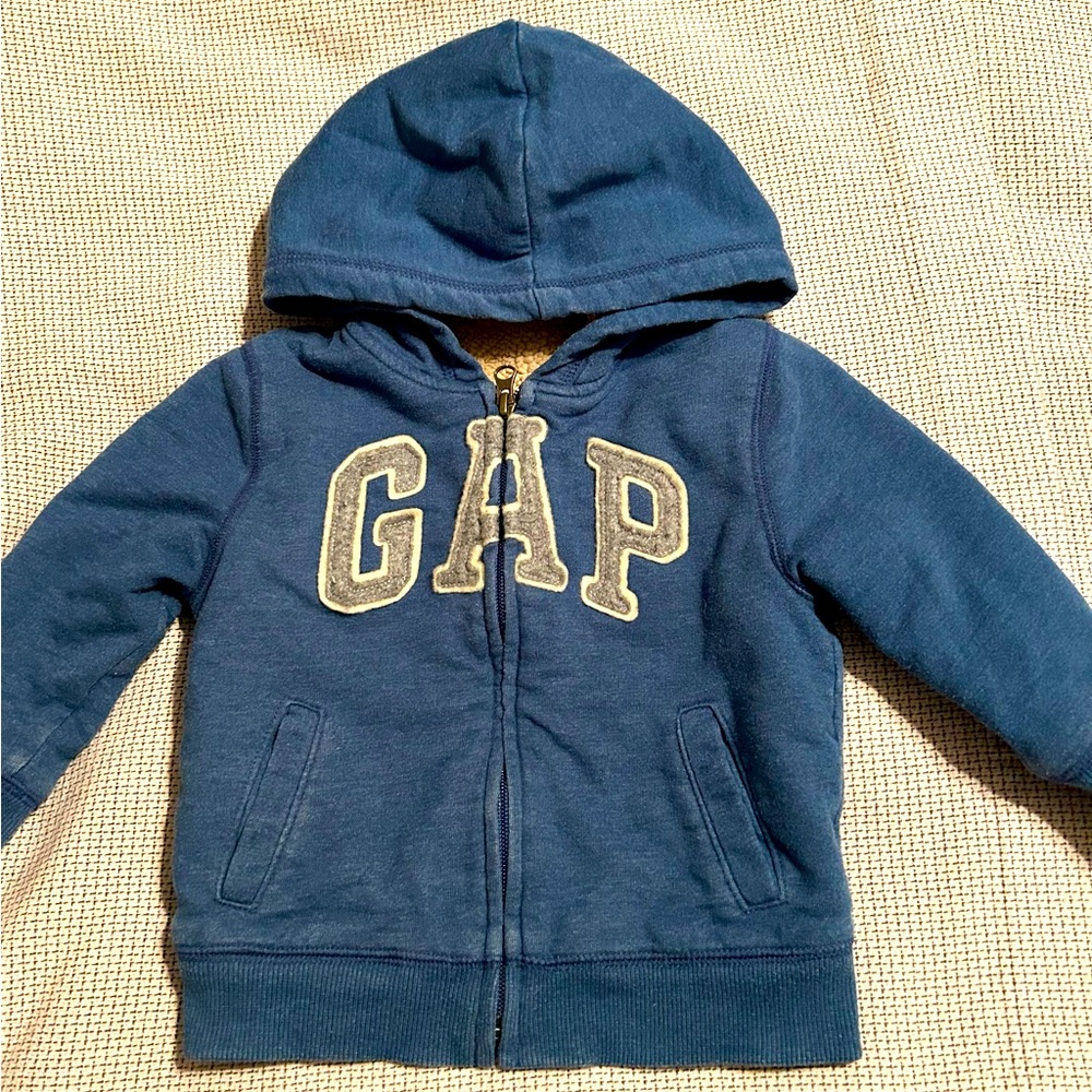 Kids Gap Logo Fleece-lined Zip-Up Hoodie Sweatshirt in blue and camel size 2T